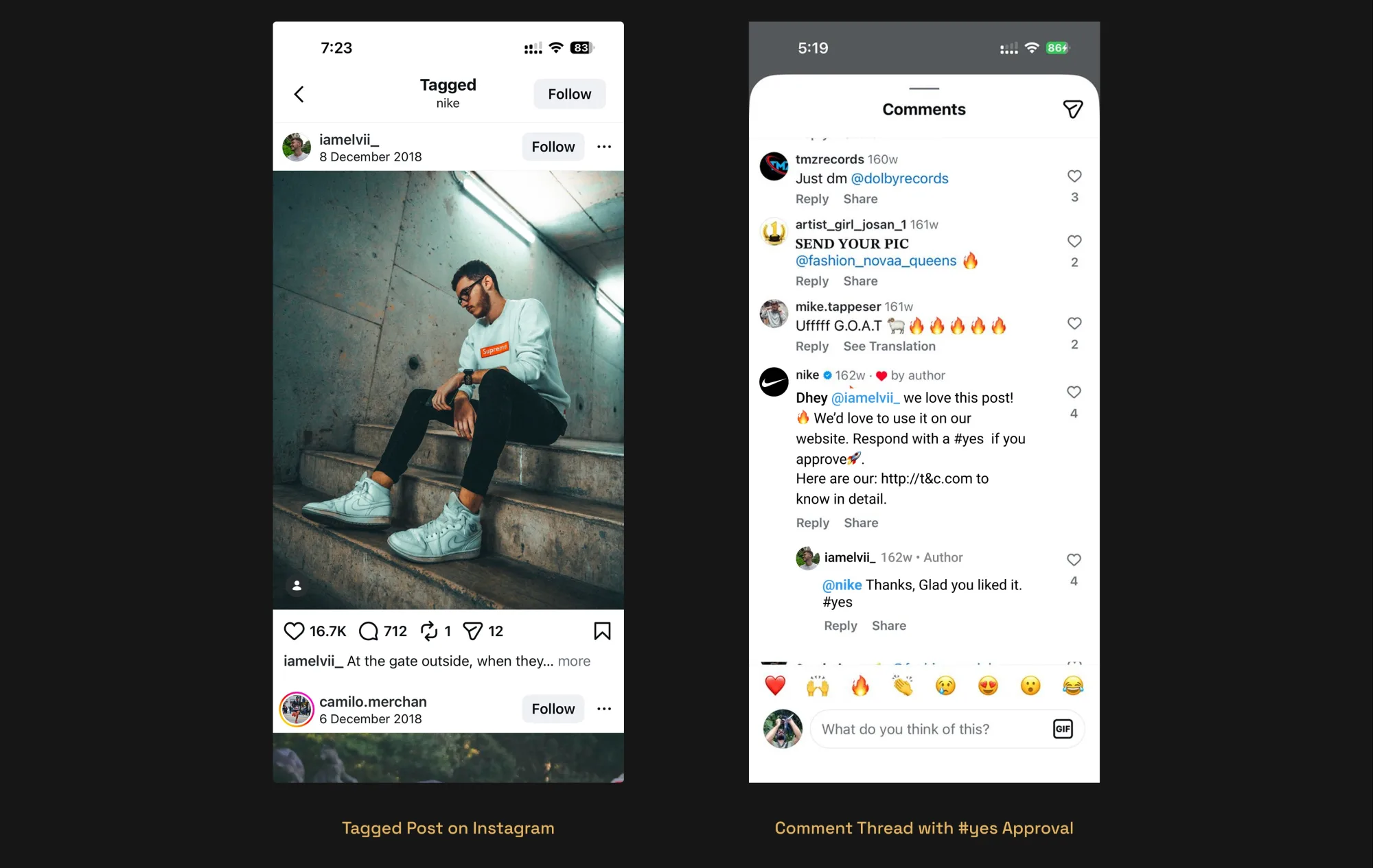 Creator replying #yes on Instagram