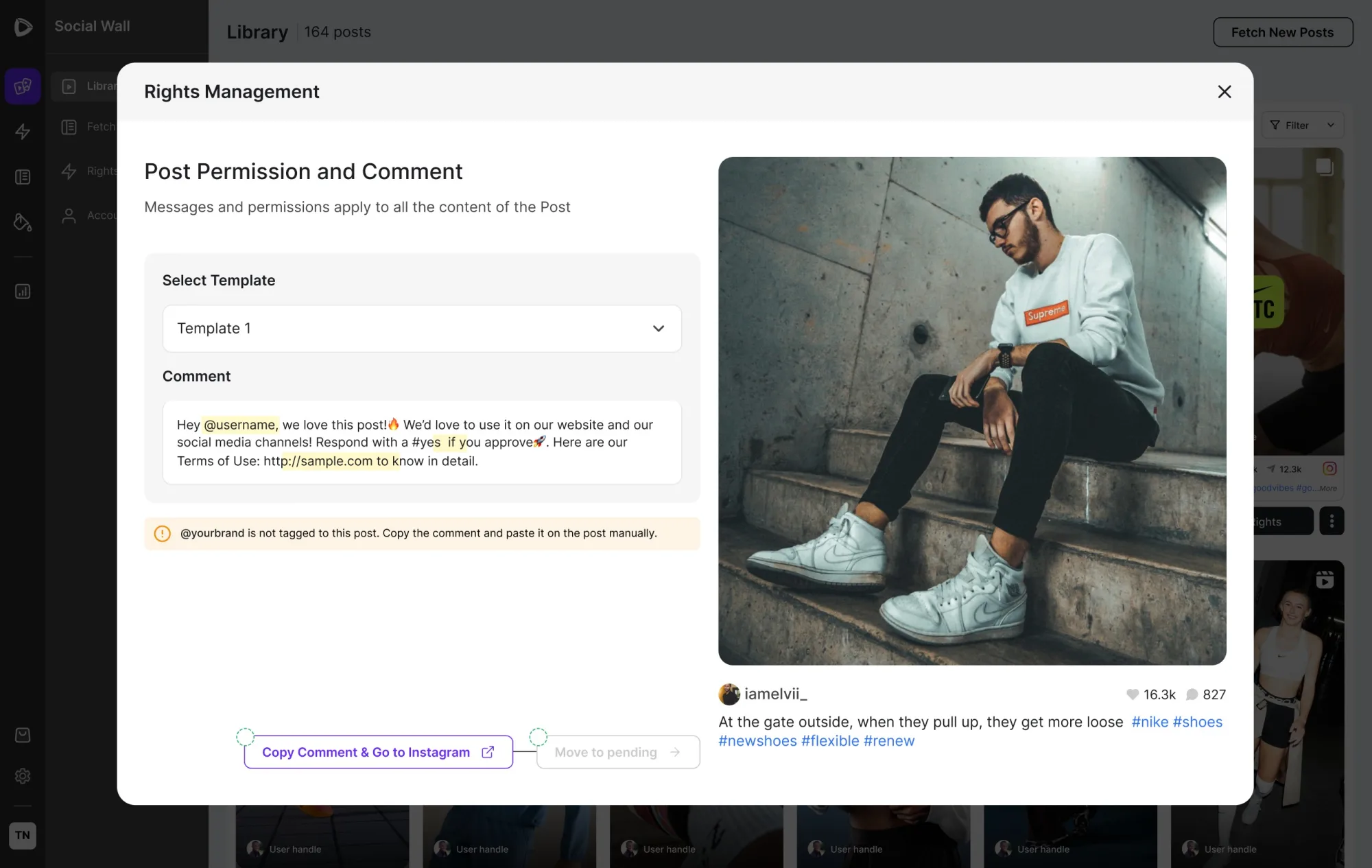 Warning that the brand is not tagged, with copy comment action
