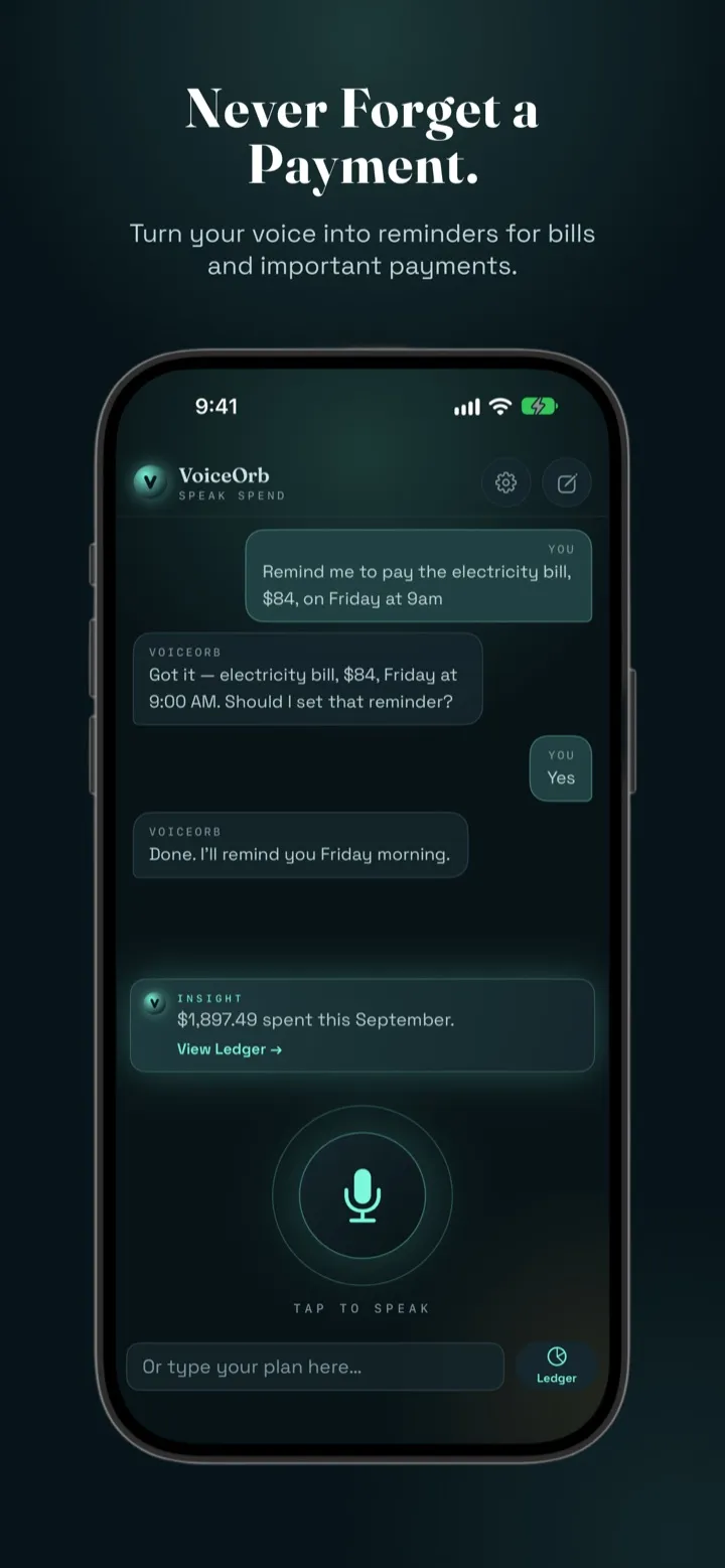 VoiceOrb setting a bill reminder from a spoken sentence